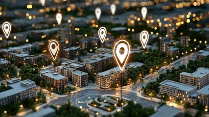 Poster - Illuminated cityscape at night featuring navigation markers that highlight various locations and streets for urban exploration