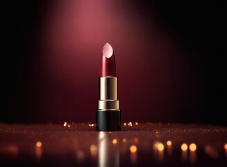 Aufkleber - A single tube of dark red lipstick stands upright on a shimmering, dark surface, illuminated by a soft, focused light.  The luxurious feel is emphasized by the rich color and subtle sparkle.