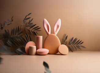 Leinwandbilder - Pastel Easter bunny egg with geometric shapes and foliage against a muted brown background.  A spring-themed 3D render.