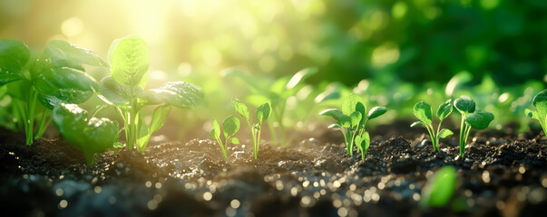 Wall Mural - Close-up view of the patch of soil with small green sprouts beginning to grow in the garden. Gardening concept.