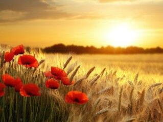 Wall Mural - golden sunset over a field of poppies and wheat creating a warm serene scenery