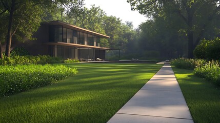 Aufkleber - Modern house nestled in a lush green forest, sunlight streams through the trees illuminating a paved pathway leading to the home's entrance
