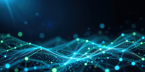 Aufkleber - Abstract digital network background banner with glowing light and connecting data dots in blue and green colors. Big data technology concept, 8k
