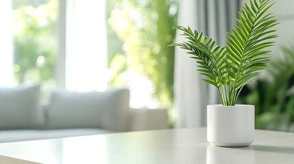 Aufkleber - Vibrant green plant in a white pot sits on a sleek table, a blurred living room background with soft light streaming through the window