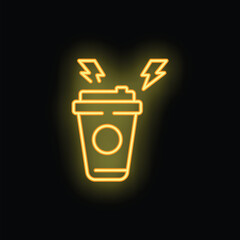 Wall Mural - Neon sign depicting a coffee cup with lightning bolts, representing the energizing effect of caffeine