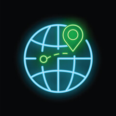 Poster - Neon icon of a route showing on a world grid with a pin marking the destination