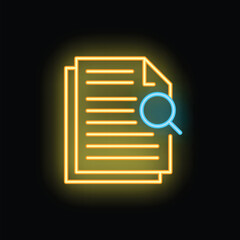 Poster - Bright neon icon of a magnifying glass analyzing a document, representing the concept of document analysis