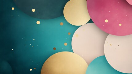 Leinwandbilder - Abstract background with overlapping circles in teal, pink, beige, and gold. Gold glitter accents. Layered design with depth and texture