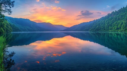 Aufkleber - Serene sunset over a calm lake nestled between lush green hills, reflecting the warm colors of the sky in its still waters