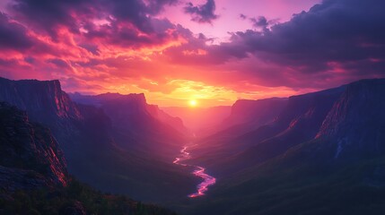Aufkleber - Vibrant sunset over a canyon landscape, pink and purple hues dominate the sky, a river winds through the valley floor. Digital art style