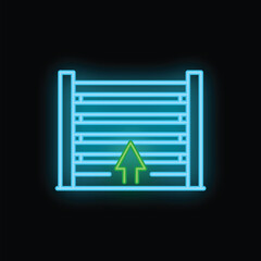 Poster - Glowing neon line icon depicting an automatic rolling garage door opening with an arrow pointing upwards