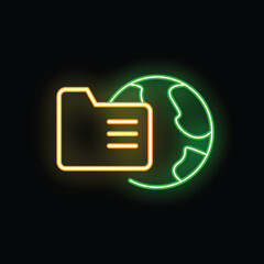 Poster - Neon icon of a folder sharing data around the world