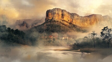 Poster - misty sunrise over a village nestled in a valley, with a large, imposing rock formation dominating t