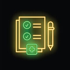 Poster - Neon medical report with check marks and a pen, glowing green and yellow against a black background