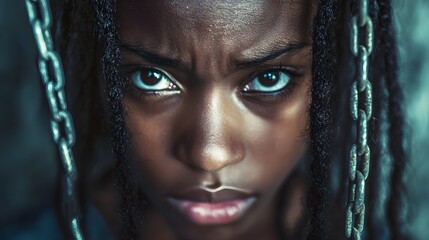 Close-up portrait of distressed individual behind chains. Harrowing realities of slavery and human trafficking. Struggle and resilience of black woman