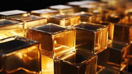 Poster - Golden glass cubes illuminated by warm light in abstract geometric pattern