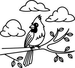 outline of a cardinal perched on a branch with clouds, minimalist wildlife vector, nature art design