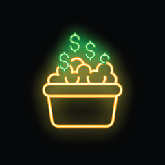 Poster - Neon sign of a brain overflowing from a container with dollar signs over it, representing money making ideas