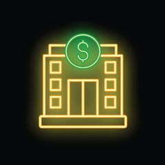 Poster - Glowing neon sign representing a bank building with a dollar sign, evoking finance and business concepts