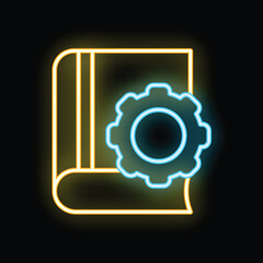 Poster - Bright yellow neon book with a smaller blue gear partially covering the front cover, glowing on a black background