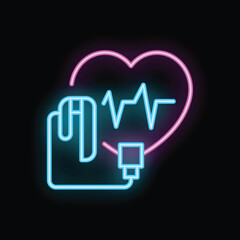 Wall Mural - Bright neon sign representing a hand holding a mobile phone with a heart rate on a black background