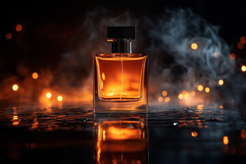 Luxury fragrance bottle with orange liquid in smoke and bokeh lights