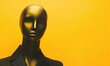 © lemonmoon - Golden Mannequin Enigma: A gold-toned mannequin, dressed in a dark jacket, gazes directly at the viewer against a vibrant yellow background.  The image offers a blend of high fashion, mystery.