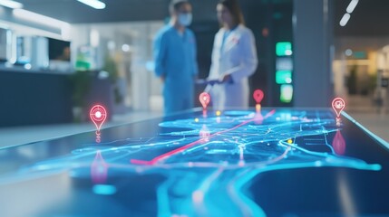 Aufkleber - two medical professionals are analyzing a futuristic digital holographic projection of a city map wi