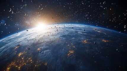 Wall Mural - a large number of small space debris orbits the earth planet