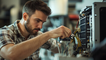 Wall Mural - Young male technician repairing air conditioner indoors