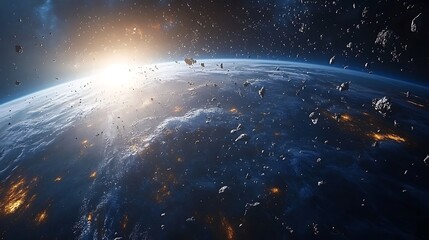 Wall Mural - a large number of small space debris orbits the earth planet