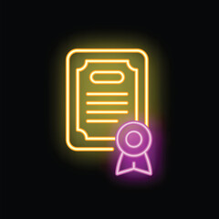 Poster - Neon sign of a certificate with an approving quality seal badge glowing on a black background