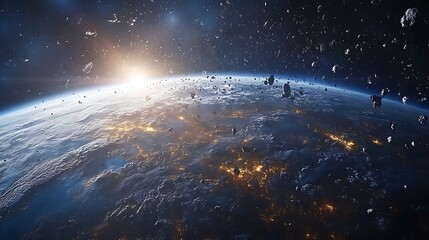 Wall Mural - a large number of small space debris orbits the earth planet
