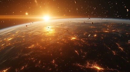 Wall Mural - a large number of small space debris orbits the earth planet