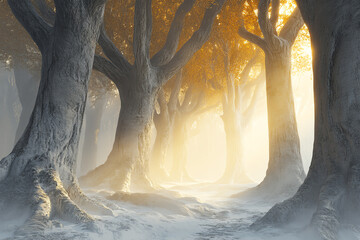 Poster - A serene forest at sunrise, illuminated by soft light filtering through autumn leaves. The path invites exploration, creating a magical ambiance.