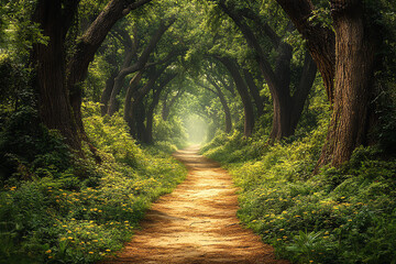 Poster - A serene forest path surrounded by lush greenery and towering trees, creating a peaceful atmosphere perfect for nature lovers and tranquility seekers.