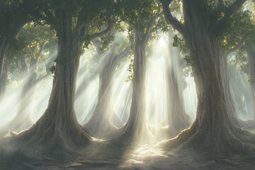 Poster - A serene forest with towering trees illuminated by soft, ethereal light. The tranquil atmosphere invites reflection and connection to nature.