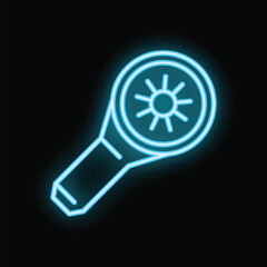 Poster - blue neon icon of angle grinder with rotating disc emitting light rays on black background