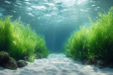 Poster - A serene underwater scene featuring lush green seaweed swaying gently with the current, illuminated by sunlight filtering through the water above.