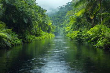 Poster - A tranquil river flows through a lush green rainforest, showcasing the beauty and serenity of nature. Perfect for nature and travel enthusiasts.