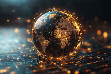 Poster - An abstract digital globe illuminated with golden lights, representing the interconnectedness of technology and the world in a futuristic style.