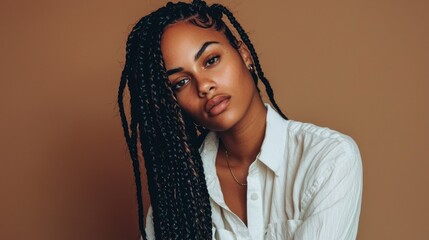 Poster - An African American woman with striking long box braids gazes confidently into the distance, radiating elegance and poise in a softly lit, neutral-toned atmosphere