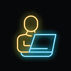 Poster - Neon sign of a person working on a laptop, representing concepts like work, technology, and productivity