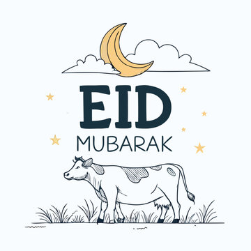 Eid Mubarak Word With Cow And Moon Line Art Vector Illustration