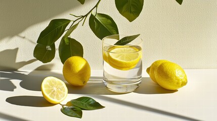Poster - Elegant Presentation of Lemon Water with Fresh Garnish and Shadows