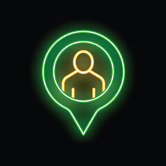 Poster - Glowing neon green map pin pointing person icon isolated on black background. Vector illustration