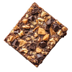 Aufkleber - A close-up overhead shot of a single square chocolate brownie generously studded with nuts and caramel pieces.