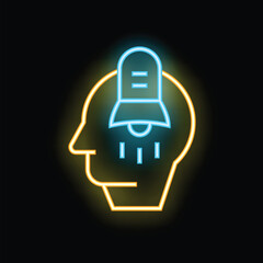 Poster - Neon style icon of a human head silhouette with an alarm bell inside representing the concept of deadline pressure