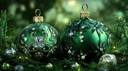 Sparkling green christmas ornaments with gemstone embellishments amidst pine branches