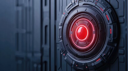 Poster - A futuristic, sleek device featuring a prominent red circular element, set against a dark, textured background, suggesting advanced technology and intrigue.